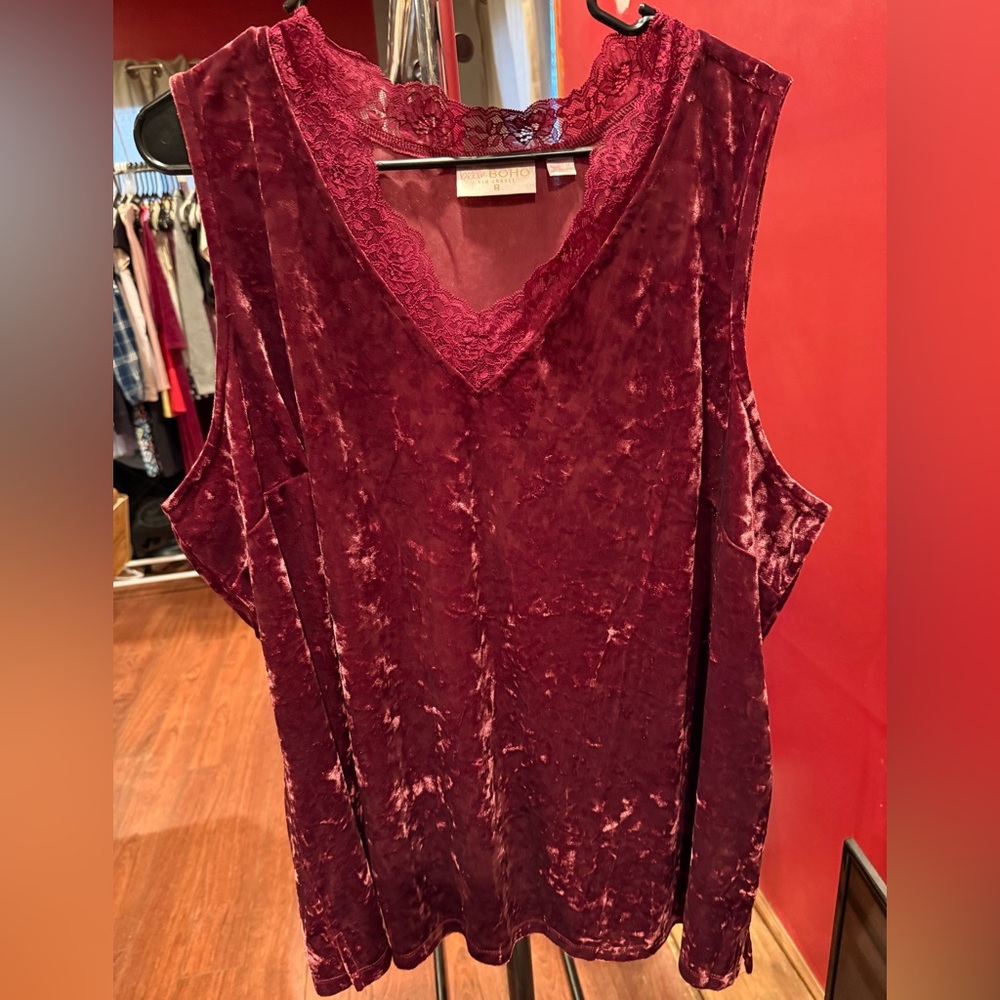 Belle by Kim Gravel Velvet Lace Trim Top in Deep Red